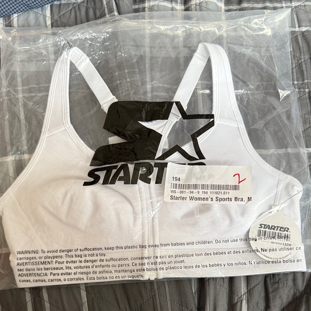 Starter Brand Women's Medium Impact White Sports Bra with Logo NIP Sz M